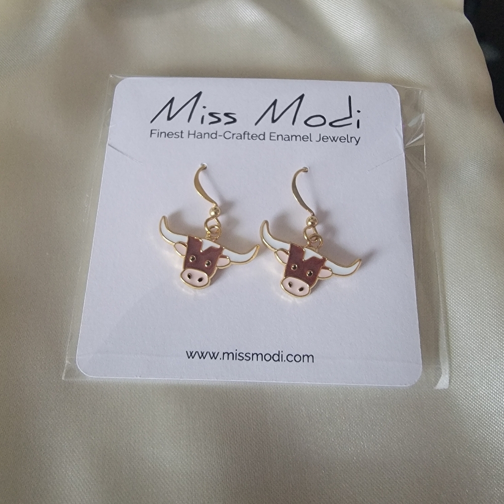 Miss Modi 24K Gold Plated Texas Longhorn Dark Brown Drop Earrings